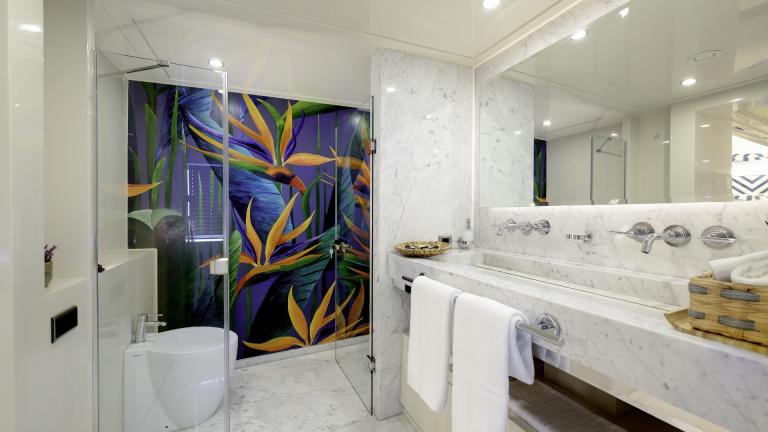 Luxurious bathroom on Yacht Vetro with exotic shower design and high-quality materials.